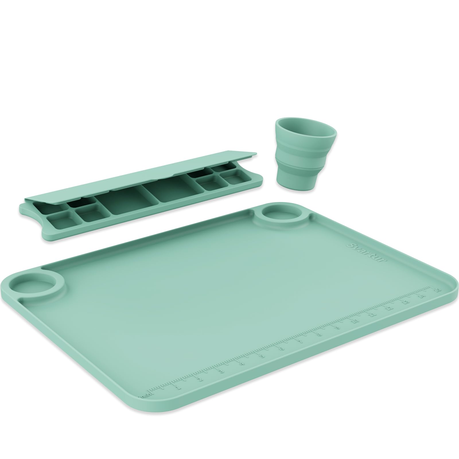 Svartur Silicone Painting Mat with Cup and Palette Detachable, 17"X13" Thick Silicone Craft Mat with Raised Edge for Artist, Painting Station Creator Mat, Green