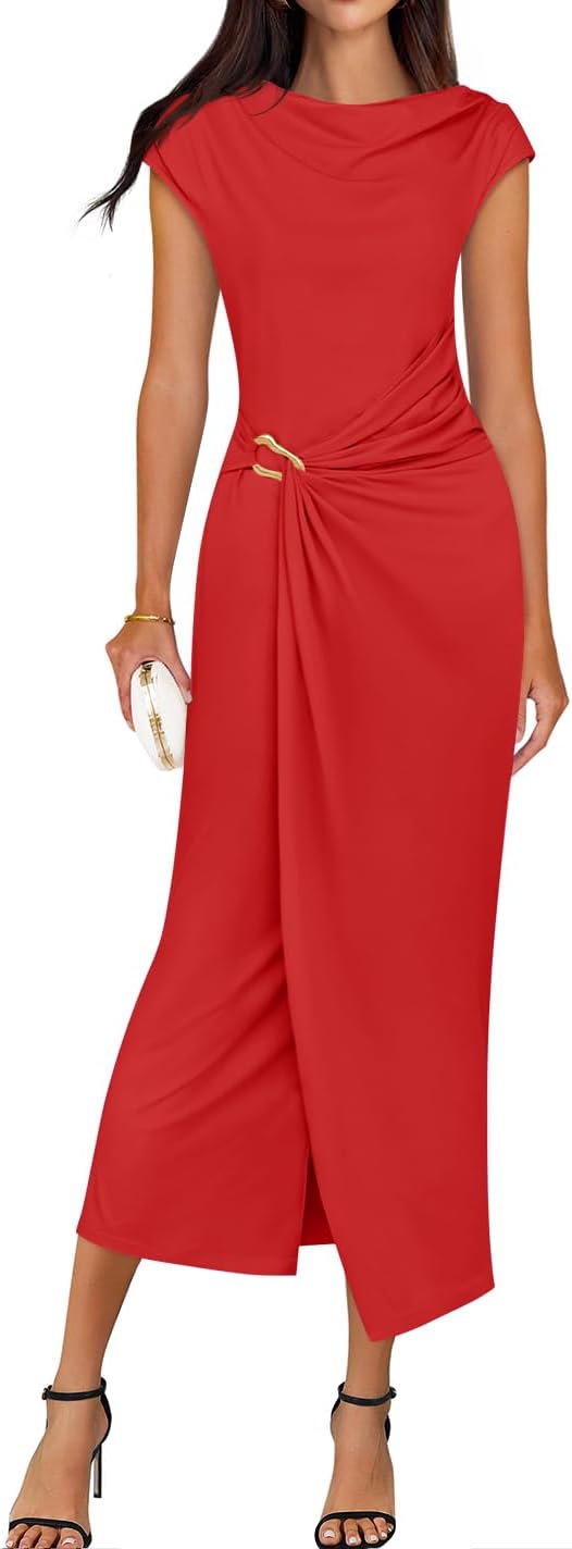 ZESICA Women's 2026 Summer Cap Sleeve Casual Bodycon Dress Elegant Wedding Guest Cocktail Party Formal Long Midi Dresses