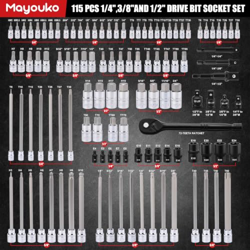 Image of 115-Piece Torx & Allen Bit Socket Set, 1 /4 inch, 3 /8 inch, 1 /2 inch Drive Bit Socket Set with Ratchet Wrench, Adapters, Extra Long Torx /Tamper Proof Torx /Hex /Ball End Hex /E-Trox, SAE&Metric, S2 Steel