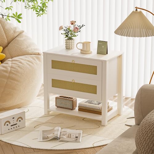 SYESWAY Nightstands Set of 2, White Night Stand with 2 Rattan Drawers and Open Storage Shelf, Large Bed Side Table End Tables for Bedroom, Living Room - Image 4