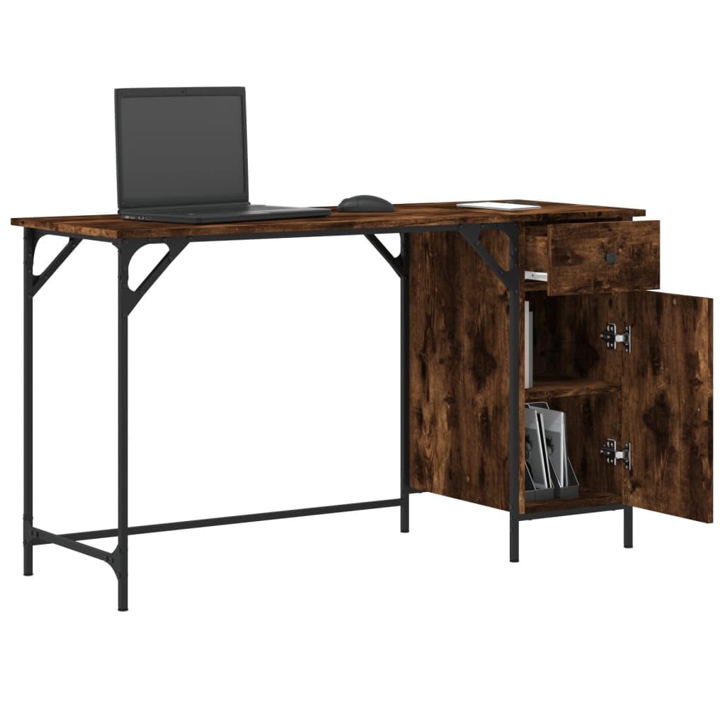Computertisch Räuchereiche 131x48x75 cm Holzwerkstoff mit Metallrahmen, Schublade, Regal und Tastaturablage, Homeoffice Arbeitsplatz für PC, Laptop, Gaming und Büroorganisation