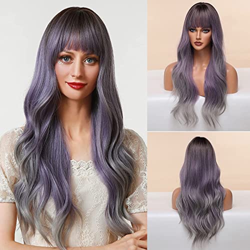 QLQUEENLIFE 1 Pack of 26 Inch Ombre Purple Long Wig With Bangs Long Wavy Curly Women Heat Resistant Synthetic Wigs for Halloween Cosplay Costume Party, Everyday Matching(Gradient Wig)