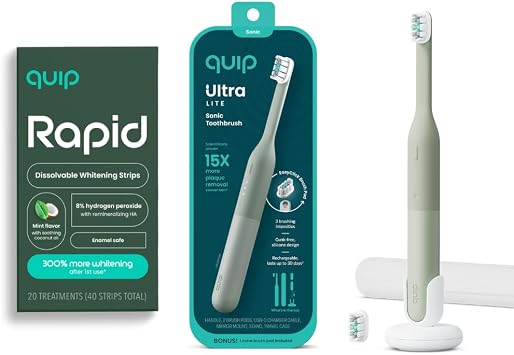 Quip Ultra Lite Sonic Electric Toothbrush with Rapid Dissolvable Teeth Whitening Strips Product Bundle - 15X More Plaque Removal, 20 Treatment Strips, Mint with Coconut Oil - Meadow Green