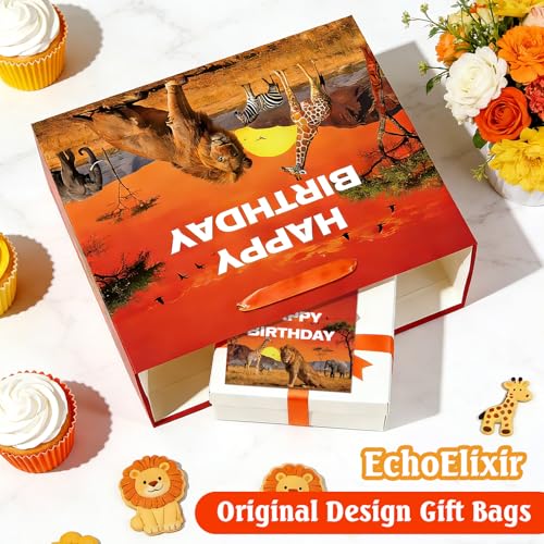 Large Safari Animals Birthday Gift Bag with Greeting Card Tissue Wrapping Paper - Jungle Animal Theme Party Supplies Decorations for Kids Boys Girls Teens-Lion, Giraffe, Zebra, Elephant Sunset Design