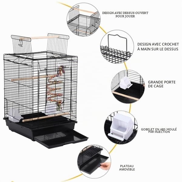 Yaheetech Cage à Oiseaux 40 x 40 x 58 cm Toit Ouvrant pour Canari Calopsitte Conure