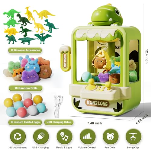 Eohemeral Dinosaur Claw Machine for Kids,Electronic Arcade Game Machine with Music,Mini Vending Machine Boys Birthday Toys Gifts Age 3+ Years,Includes 10 Plush Toys & 12 Dinosaur Accessories