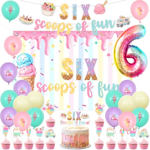 Ice Cream 6th Birthday Decorations for Girl Six Scoops of Fun 6th Birthday Backdrop Banner Cake Cupcake Topper Ice Cream Balloons, Summer Ice Cream Theme Six is So Sweet Birthday Party Supplies