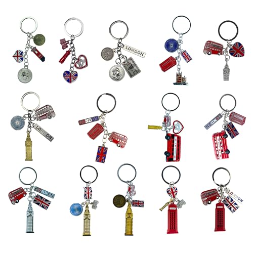 LILAJ Set of 12 London Souvenir Chain Keychains, British Icons - Telephone Booth, Double-Decker Bus, Big Ben, 3D Replicas, Ideal for Keys & Bags, Cute Keyring Ornament, Home Decor Gift