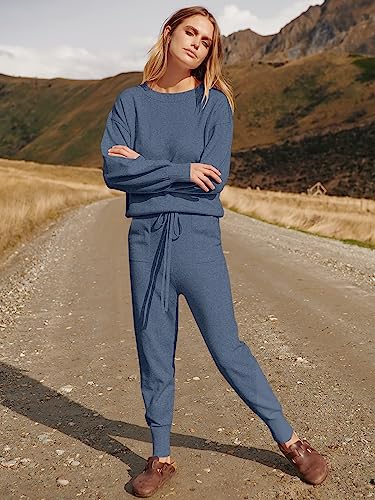 Anrabess Women's Casual Long Sleeve Solid Color Knit Pullover Sweatsuit 2 Piece Short Sweater Outfits Sets B4Ci02-Qianhuilan-L #TOP7