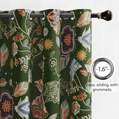 Image of Short Black Out Floral Patterned Curtains 45 Inch Long for Bedroom 2 Panels | 100% Blackout Boho Farmhouse Vintage Cottage Core Decorative Window Treatment for Bathroom Kitchen Small Window Green 52x45