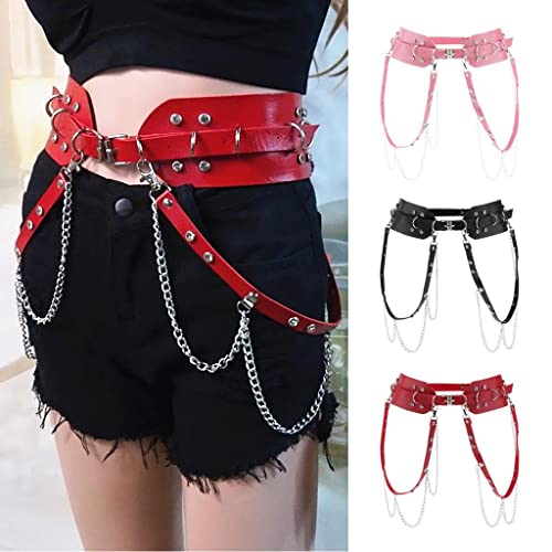 jojomis Women's Punk Waist Belt Leather Belt with Metal Chain Tassels Adjustable Wide Waistband Red 50 Inch Length4