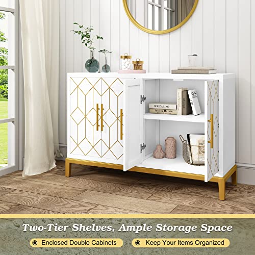 Hlr Accent Cabinet With 4 Doors And Shelves, Freestanding Sideboard Buffet Cabinet With Gold Lines, Modern Credenza Storage Cabinet For Living Room, Entryway, Kitchen, Dining Room, White #TOP4