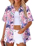 Zeagoo Pineapple Haiwaian Shirt for Woman Casual Floral Print Tshirt Soft Cool Button Up Short Sleeve Blouse Top Pink Tropical M