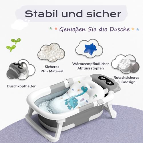 COOSEYA Baby Badewanne für 0-18 Monate, Faltbare Babywanne mit Babybadewanne Stützkissen, Portable Baby Bathtub als Wesentliche Artikel für Neugeborene und Kleinkind, Dinosaurier - Design (Grau)