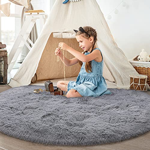 Flydoit Grey Round Rug For Bedroom, Super Fluffy Circle Rugs For Baby Nursery, 5'X5' Feet Furry Carpet For Children Kids Room, Cute Soft Shaggy Rug For Girls Home Decor, Fuzzy Plush Carpets For Dorm #TOP5