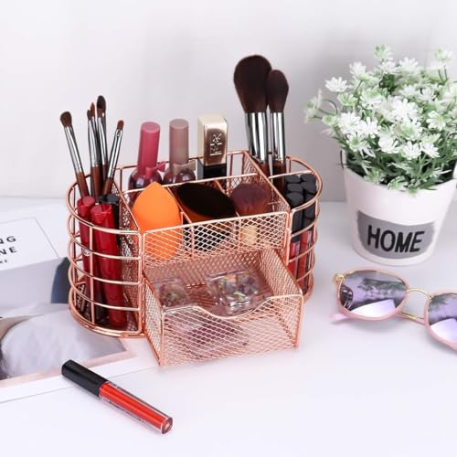 Image of 9 Compartment Metal Desk Organizer & Makeup Storage Holder with Detachable Drawer | Multi-Purpose Stationery, Cosmetic & Office Desk Organizer for Home, Study Table & Vanity (Rose Gold)