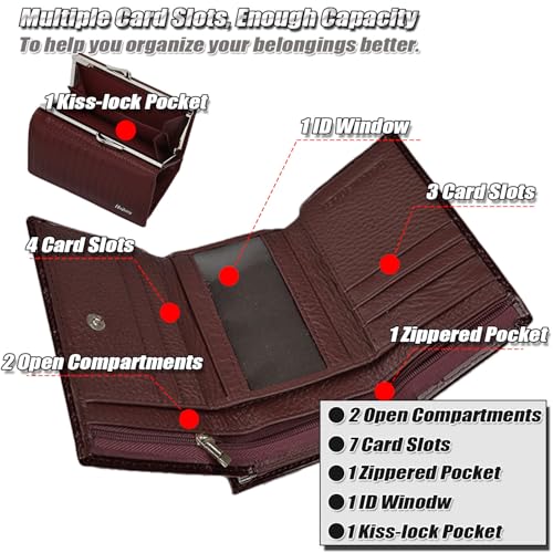 Genuine Patent Leather Wallet for Women, Small RFID Blocking Card Holder, Glossy Purse with Crocodile Embossed Texture - 8 Card Slots | ID/Photo Window | Kiss-lock Pocket - Wine Red4