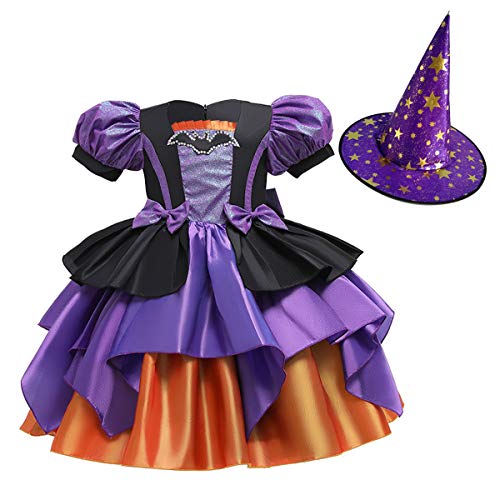 OBEEII Kids Halloween Be Witched Girls Witch Fancy Dress Party Carnival Costume Purple+Hat 3-4 Years