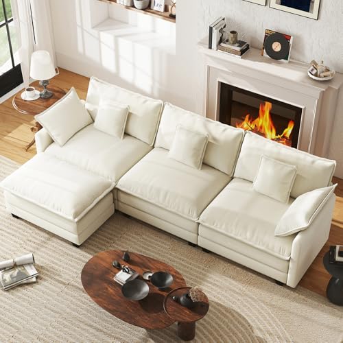 WorthFurni 111.4” Cloud Modular Sofa with Ottoman, Beige