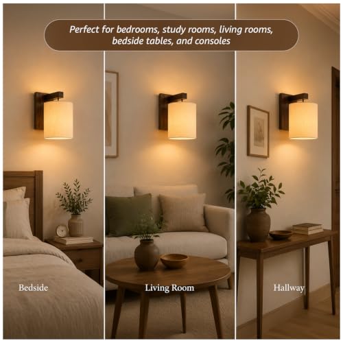Image of Amazon Basics Deewar Sunset Wall Lamp | Wooden Bracket with Cream Fabric Shade | E14 Holder | Decorative Wall Light for Bedroom, Living Room, Hallway & Home Decor