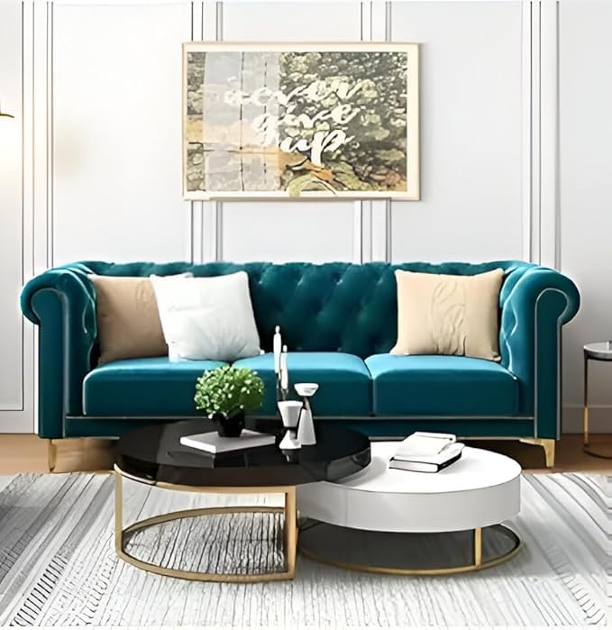 Image of Solid Wood Velvet Fabric L Shape Sofa Sofa for Living Room Button Tufted Sofa Chair for Home & Office (Left Aligned L-Shaped (Teal Green)