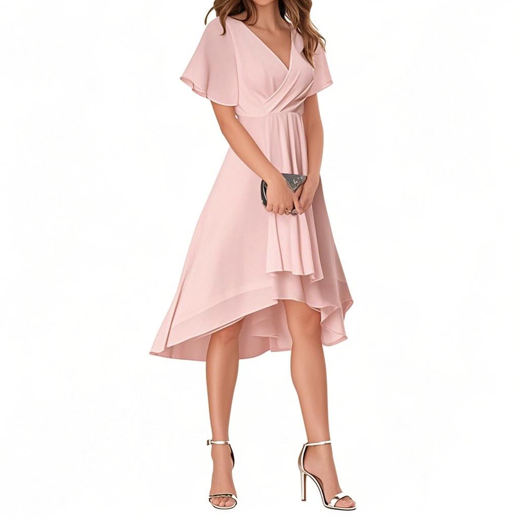 Minetom Robe De Soirée Femme A Line High Low Col V Manches Courtes pour Mariage Invité Mousseline Plissé Dress