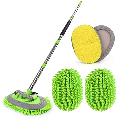 62'' Microfiber Car Wash Brush Mop Kit Sponge with Long Handle, Chenille Car Cleaning Brush Supplies Car Windshield Cleaner Pads for Car Rv SUV Truck Boat Bus Non-Scratches