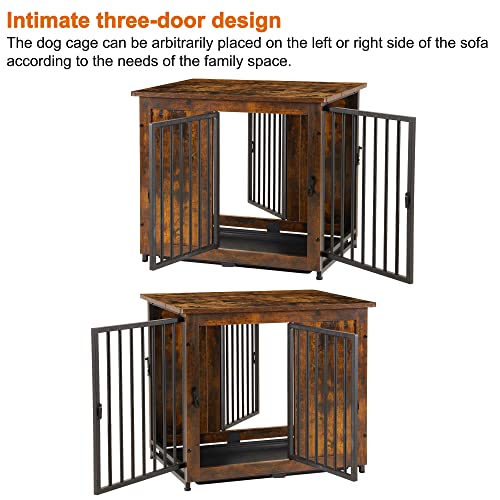Heybly Furniture Style Dog Crate,Wooden Pet Kennels With 3 Doors,Indoor Pet Crate End Table With Removable Tray For Dogs Under 25Lbs, Rustic Brown And Black Hfc100Sr #TOP3