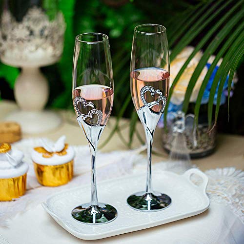 Wedding Champagne Glass Set Silver Toasting Flute Glasses Pack Of 2 With Rhinestone Rimmed Hearts Decoration For Wedding, Anniversary And Special Occasions #TOP2