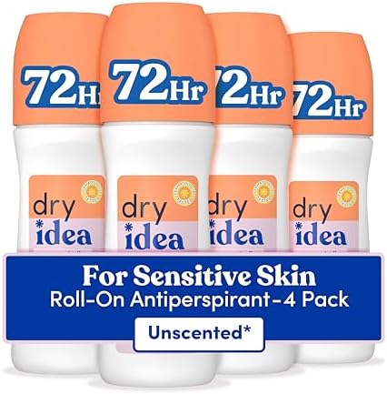 Dry Idea Unscented Roll On Deodorant & Antiperspirant for Women - Hypoallergenic for Sensitive Skin, 2X Longer Sweat Protection*, 72Hr Odor Control, Womens Deodorant, 3.25oz (Pack of 4)