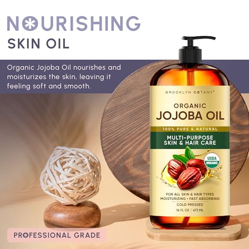 Image of Brooklyn Botany Cold-Pressed Organic Jojoba Oil | 16 Fl Oz | Hair | Face | Body | 100% Pure and Natural | Carrier Oil | Aromatherapy | Massage | Ayurvedic Hair Care | Hexane-Free