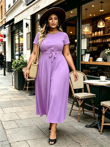 Image of Hostoyo Women Plus Size Formal A Line Maxi Dress Self Tie Waist with Pockets Elegant Round Neck Swing Long Dresses