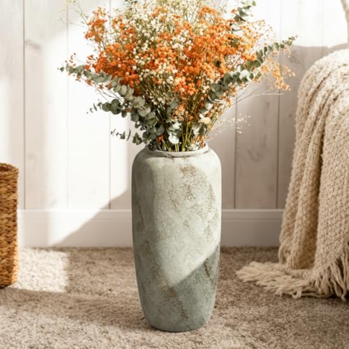 JIDOFUE Gran jarrón de suelo de cerámica rústica, 40 cm, jarrón vintage bohemio para decoración del hogar, jarrón de terracota texturizado para salón, estantería o entrada