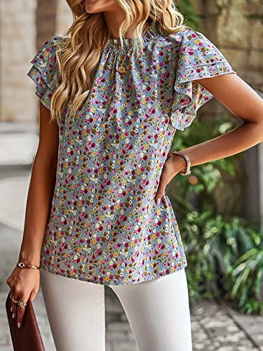 Iffei Womens Summer Boho Tops Floral Ruffle Short Sleeve Blouse Frill Trim High Neck Casual T-Shirts Grey L #TOP1