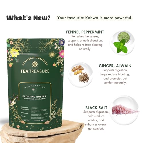 Image of Tea Treasure Bloating Buster Ayurveda's Miracle Tea | Supports Digestion, Reduces Bloating, Gas, Acidity & Burping | Fennel, Ginger, Ajwain, Peppermint & Black Salt | Feel Light After Every Meal | Caffeine Free Herbal Tea - 100g