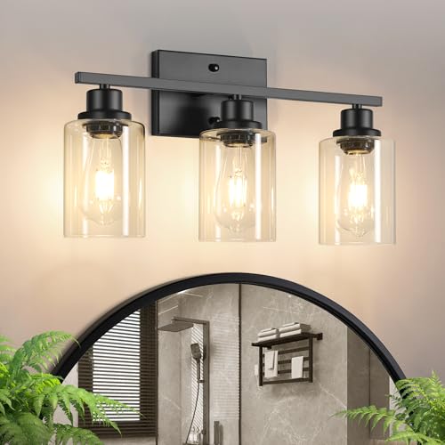 Image of Ascher Bathroom Light Fixtures, 3-Light Vanity Light Over Mirror, Matte Black Wall Sconces with Clear Glass Shades, Wall Lamp for Living Room Bedroom, E26 Base(Bulbs Not Included)