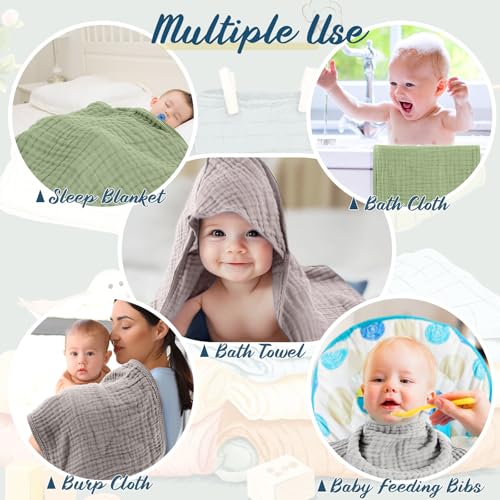 Image of VitalCozy 8 Pcs Baby Muslin Hooded Bath Towels and Washcloths, Muslin Hooded Baby Towels Absorbent Blankets for Gift Newborn Infant Shower (Morandi Color)