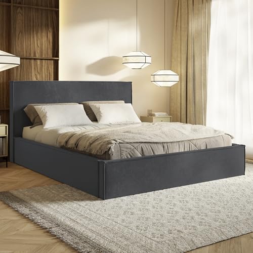 MOTIVENA Boho Bett 180x200 Grau Samt, mit Stauraum, mit Kopfteil, mit Lattenrost, ohne Füße, ohne Matratze, Polsterbett 180x200 mit Bettkasten Grau (Anthrazit)
