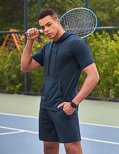 COOFANDY Men's Tracksuit 2 Piece Hooded Athletic Sweatsuit Short Sleeve Casual Sports Hoodie Shorts Set2
