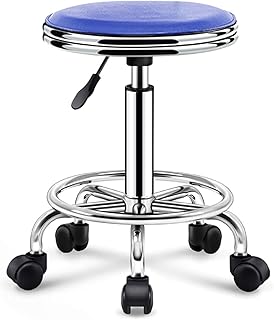 NYTA PU Leather Round Rolling Stool with Foot Rest Swivel Height Adjustment Multifunctional Spa Drafting Salon Tattoo Work Office Massage Stools Task Chair Blue