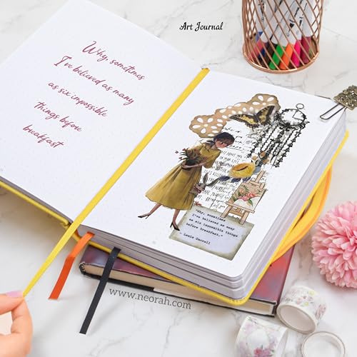 Image of NEORAH - A5 - ART JOURNAL | 200 Gsm Dotgrid Notebook | 160 Pages(21.0 x 14.8 cm)| Hard Cover| 3 Bookmarks | Elastic Closure | Back Pocket | Ideal - Bujo,Drawing & Painting, Junk Journal (YELLOW)