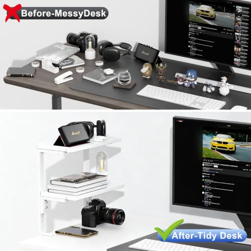 Image of 2-Tier Desk Shelf, Expandable Under Desk Storage, Clamp on Desk Shelf, Desktop Accessories for Offices, Study Rooms, and Game Rooms (White)