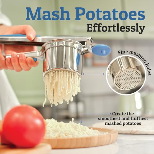 Image of PriorityChef Large 15oz Potato Ricer, Heavy Duty Stainless Steel Potato Masher and Ricer Kitchen Tool, Press and Mash Kitchen Gadget For Perfect Mashed Potatoes - Everytime, Blue