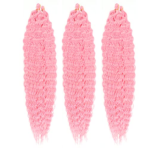 30 Inch Ocean Wave Crochet Hair Extensions for Women 3 Packs Lot Deep Ripple Crochet Twist Braiding Hair Curly Synthetic Braids Hair (30 , Pink)