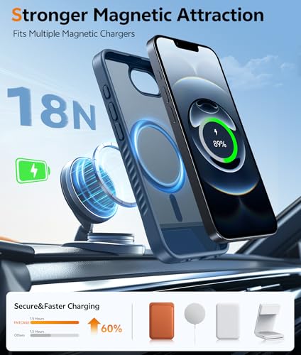 Image of FNTCASE for iPhone 16E Phone Case: [Magnetic Stand] [Compatible with Magsafe] Translucent Matte Military Grade Shockproof Drop Rugged Protective Phone Cover, Blue
