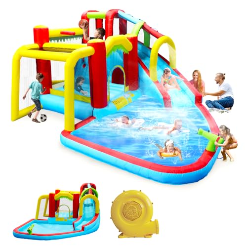 7-in-1 Inflatable Water Park with Slide, Splash Pool & Climbing Wall – Kids Outdoor Bounce House with Basketball, Water Gun, Backyard Play Center