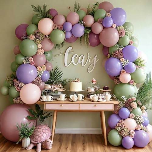 Image of Dusty Green Purple Pink Balloon Garland Double Stuffed Pastel Light Green Pink Lavender Lilac Balloon Arch Kit Mauve Blush Balloons for Baby Shower Wildflower Birthday Wedding Summer Tea Party Decor