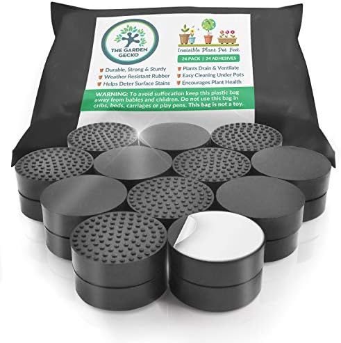 The Garden Gecko Invisible Pot feet for outdoor plant and flower pots, solid rubber pot risers with enhanced non-slip surface grip | 24 PACK + 24 STRONG SELF-ADHESIVE PADS (Pebble Black)