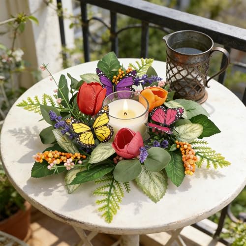 Image of 4 PCS Summer Lavender Tulips Candle Rings Wreaths Artificial Floral Pillar Candle Holder Wreaths with Butterfly Mini Spring Summer Candle Rings for Table Centerpiece Home Farmhouse Cabinet Porch Decor