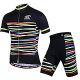 X-Labor Herren Radtrikot Set Große Größe Trikot Kurzarm + Radhose mit 3D Sitzpolster Fahrradbekleidung Schwarz Streifen L